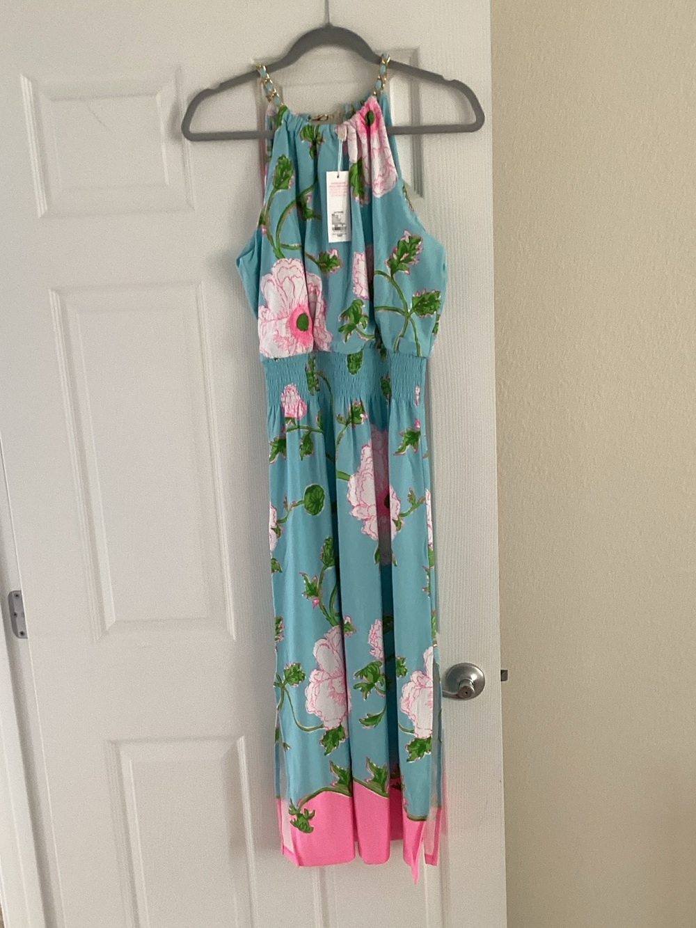 Lilly Pulitzer Blue Floral Maxi Dress with Pink Accents